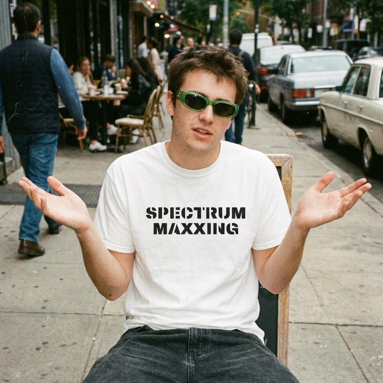 A young man wearing a white t-shirt with 'SPECTRUM MAXXING' printed in black text sits on a wooden bench on a city sidewalk. He is wearing dark jeans, sunglasses, and has a retro, vintage aesthetic.