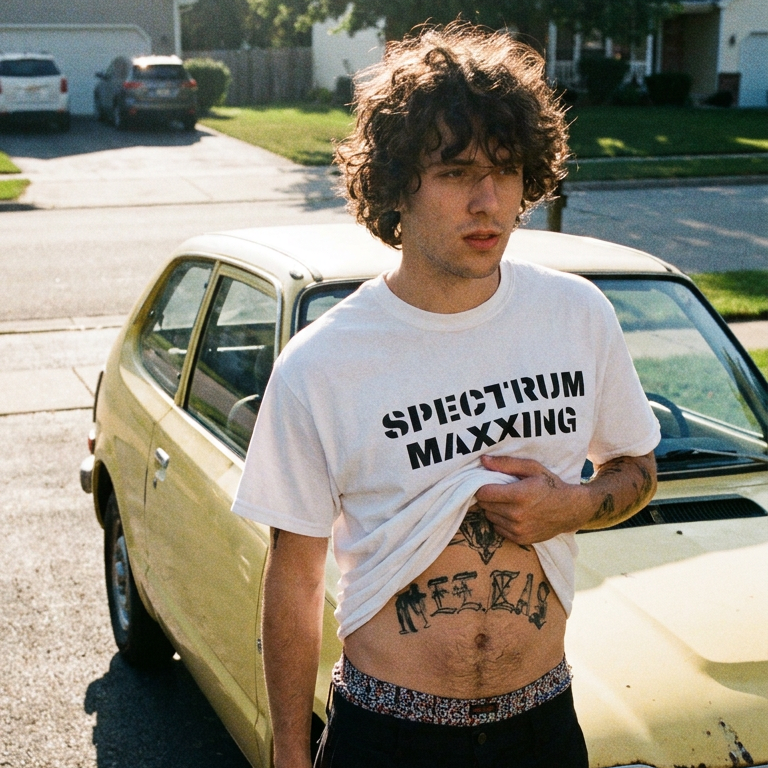 A person standing outdoors in front of a yellow car, wearing a white graphic T-shirt with the words 'SPECTRUM MAXXING' and black pants.