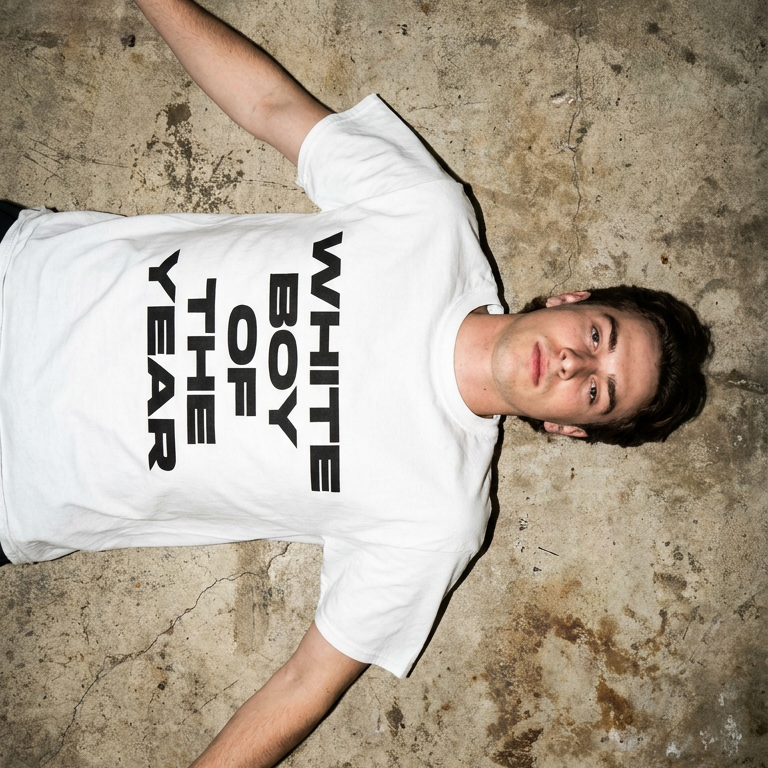 A young man lying on a textured concrete floor wearing a white t-shirt with bold black text that reads 'WHITE BOY OF THE YEAR'.