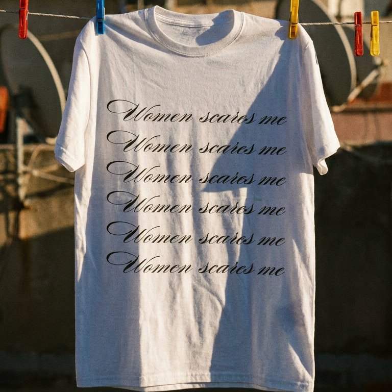A white short-sleeve T-shirt hanging on a clothesline with colorful clips, featuring the phrase 'Women scares me' repeated in black cursive script. The background shows a rooftop with multiple satellite dishes under a clear blue sky.