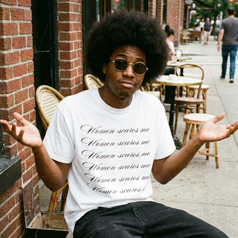 A man with an afro and sunglasses sits on a wooden bench outside a brick cafe, wearing a white graphic t-shirt with the phrase 'Women scares me' repeated in black script